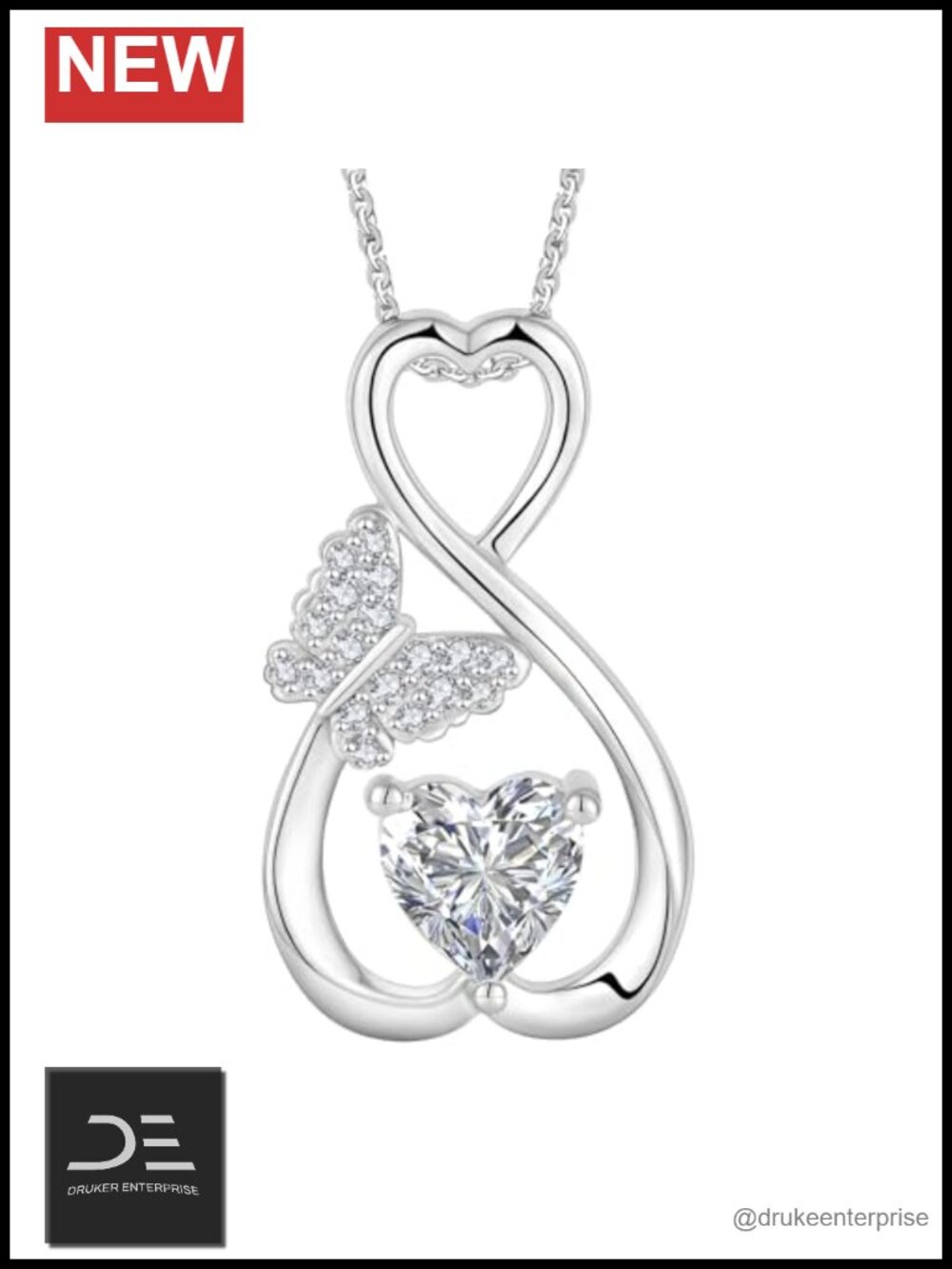 S925 Silver Brass Infinity Heart Butterfly Pendant Necklace for Women Cubic
